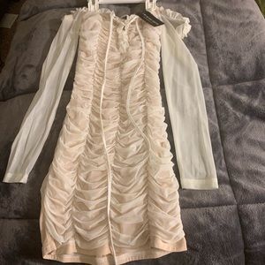 Off the shoulder body con mesh dress!